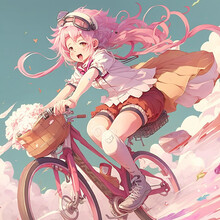 A Pink Haired Girl Cheerfully Rides Her Bicycle To School Created With Generative AI