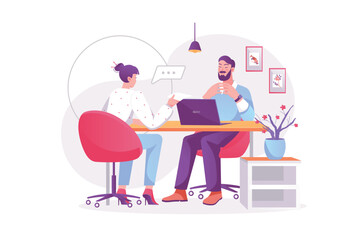 Wall Mural - Job interview concept with people scene. Woman is talking to HR manager. Man searches, selects and hiring candidates to office job. Vector illustration with character in modern flat design for web