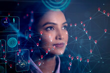 Portrait Of A Woman With Virtual Reality Projections Of Digital Icons Around Her Face