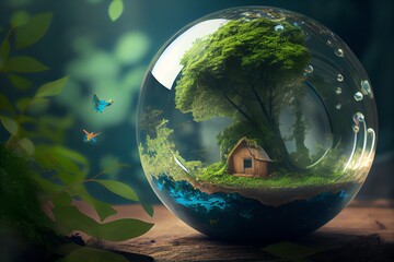 Wall Mural - World environment and earth day concept with glass globe and eco friendly enviroment. Generative AI