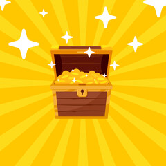 Wall Mural - Open mystery wooden chest has a golden coin. Treasure on Yellow background. Precious treasure concept. Vector illustration cartoon flat design.