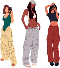 Set of three Beautiful young women in a fashionable clothes military style 90s 2000s in full growth posing . Hand drawn sketch