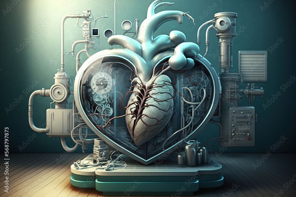 Creating artificial heart , medical 3D printing of heart model transplantation organ biological engineering, engineering bioprinting, ai generated..