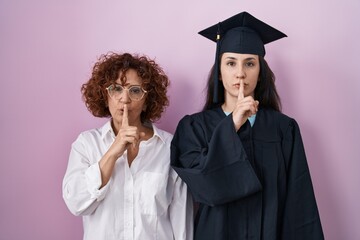 Poster - Hispanic mother and daughter wearing graduation cap and ceremony robe asking to be quiet with finger on lips. silence and secret concept.