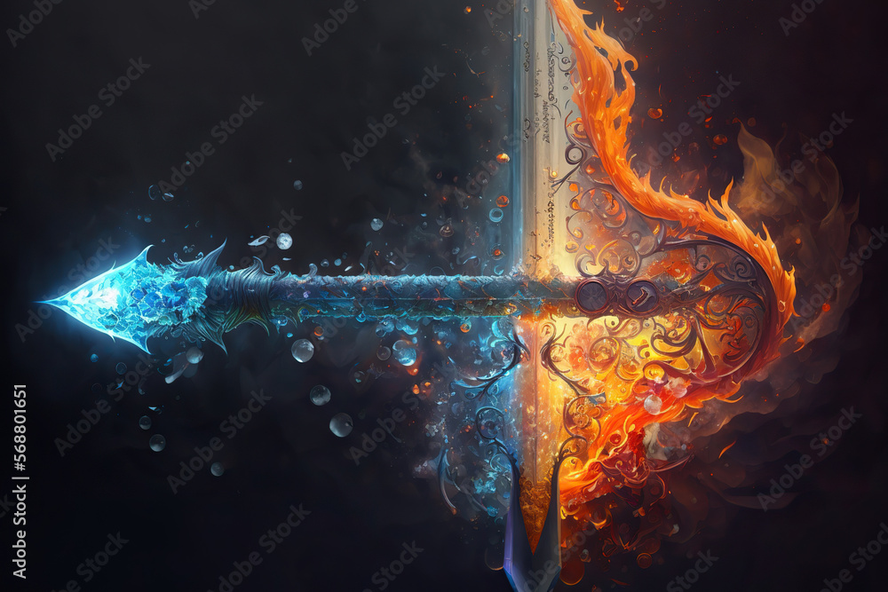Magic fantasy bow and arrow of the elements, fire and ice, Generative ...