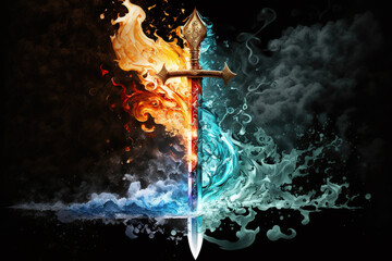 Sticker - Magic fantasy sword of the four elements, fire, water, earth, air, Generative AI