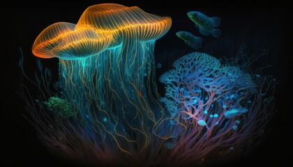 Fantastic bioluminescent micro organisms. Beautiful, fantasy background. Generative AI.