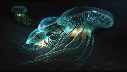 Wall Mural - Fantastic bioluminescent micro organisms. Beautiful, fantasy background. Generative AI.