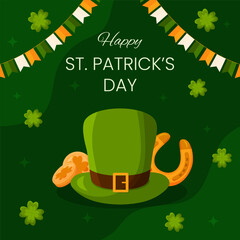 Vector square template greeting card for Saint Patrick's Day on 17 March. Hat, horseshoe, golden coins and clovers on green background illustration. Flyer for celebrate event and social media