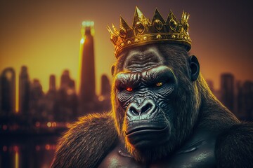 Gorilla,Ape king with gold crown  ,new you york city on the background ,cyberpunk colored light around ,Generative AI
