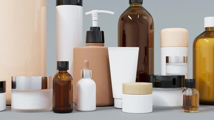 group of different cosmetic bottles and jars 3d render