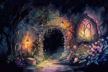 Enchanted garden at night, fairy tale-like, watercolor Background. Generative AI illustration