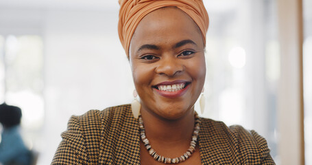 Wall Mural - Happy, smile and face of a professional black woman with a positive mindset in a corporate office. Management, leader and portrait of a African female business manager standing in her workplace.