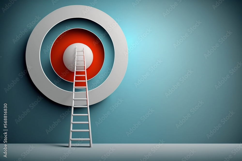 Stand out from the crowd and think different creative idea concepts. Longest white ladder and aiming high to goal target with copy space,