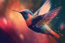 Illustration Of Beautiful Close Up Portrait Of Colorful Humming Bird In Nature, Generative Ai