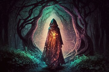 Wall Mural - powerful woman sorcerer walking in fairy forest with magic power emerge around, Generative Ai