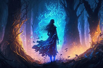 Wall Mural - powerful woman sorcerer walking in fairy forest with magic power emerge around, Generative Ai