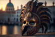 venetian mask on background italian landscape at sunset