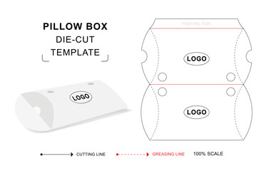 Pillow pouch die cut template with 3D blank vector mockup for food packaging