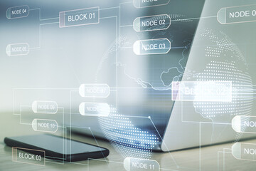 Wall Mural - double exposure of abstract programming language with world map on laptop background, research and d