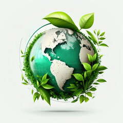 Greenery planet with tree leaf icon, ecology for anti climate change concept, on white background. Generative Ai image.