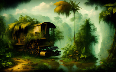 Wall Mural - Strange houses in fantasy landscape of tropical jungle forest. Generative Al Illustration.