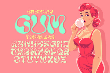 Wall Mural - Vector font set with pin-up woman vintage illustration. Smooth letters in shape of chewing gum.