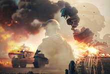 Abstract Concept Image Of A Young Soldier At War, War Zone With Tank Fire And Explosions, Generative AI