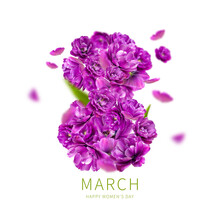 International Women's Day. Number Eight From Purple Flowers On White Background. With Clipping Path. Flower Card, Floral Composition. Spring, Holiday, Layout, Art. Mockup