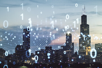 Wall Mural - Abstract virtual binary code illustration on Chicago skyline background. Big data and coding concept. Multiexposure