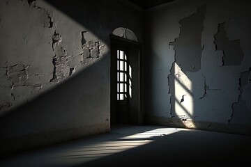 Canvas Print - Empty night dark room and moonlight through the window, dark corridor with sun rays. AI