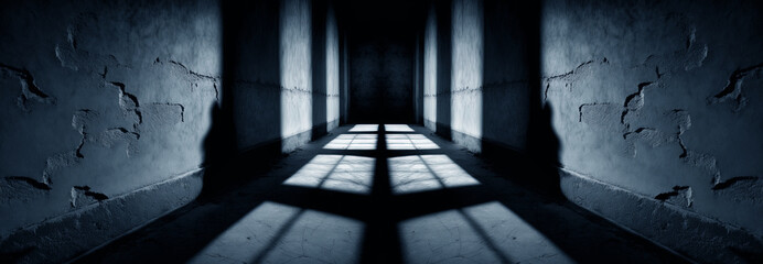 Canvas Print - Empty night dark room and moonlight through the window, dark corridor with sun rays. AI