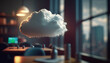 Un nuage blanc qui flotte dans un bureau. Cloud computing concept (AI)