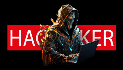 Sticker - Anonymous hacker at the laptop computer Internet security. Vector illustration