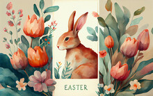 Watercolor Painting Of Vintage Easter Card Design As Illustration Of Easter Bunny In Flowers And Tulips With Text Easter As Rabbit Generative AI Art	
