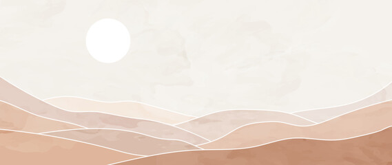 Wall Mural - abstract desert landscape with sun with white lines. mountain vector background with watercolor text