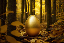 Golden Egg In Fallen Leaves. An Abandoned Golden Egg In An Autumn Forrest.