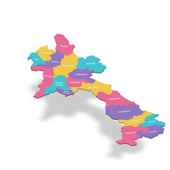  Laos political map of administrative divisions - provinces and prefecture of Vientiane. 3D colorful vector map with name labels.