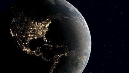 view from space over planet earth - usa at night with glowing city lights