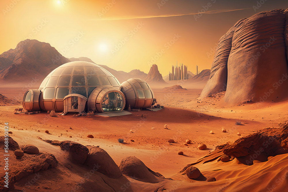 Futuristic human habitats in the planet Mars. Generative AI Stock ...