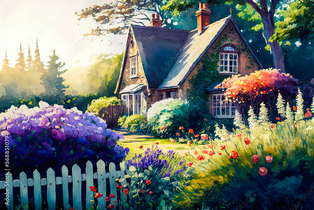 English cottage garden watercolor painting, house, fence. Generative AI ...