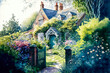 English cottage garden watercolor painting, open gate leading to house. Generative AI