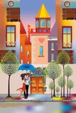 Fototapeta  - composition with fairy-tale colorful houses and lovers who are standing on the pavement