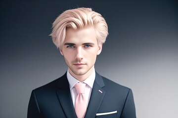 Wall Mural - A man with blond hair, in a black suit against a dark background. Generative AI