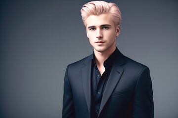 Wall Mural - A man with blond hair, in a black suit against a dark background. Generative AI