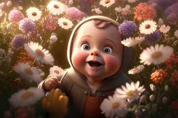 3D Cute adorable boy on the meadow with flowers, illustration, cartoon style, Generative AI