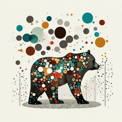 Wall Mural - Bear made from squares, circles, alphabets, poka dots, lines, flowers, and patterns, modern traditional in the background. minimal boho generative ai