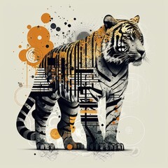 Wall Mural - tiger made from squares, circles, alphabets, poka dots, lines, flowers, and patterns, modern traditi