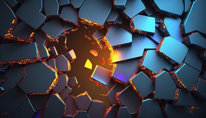 Background made out of abstract geometric shapes. Illustration of the strength of an explosion with a crushing surface in three dimensions. Generative Ai.