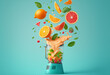 Blender with fruit flying, isolated on blue background, fruit juice and splash. Generataive AI